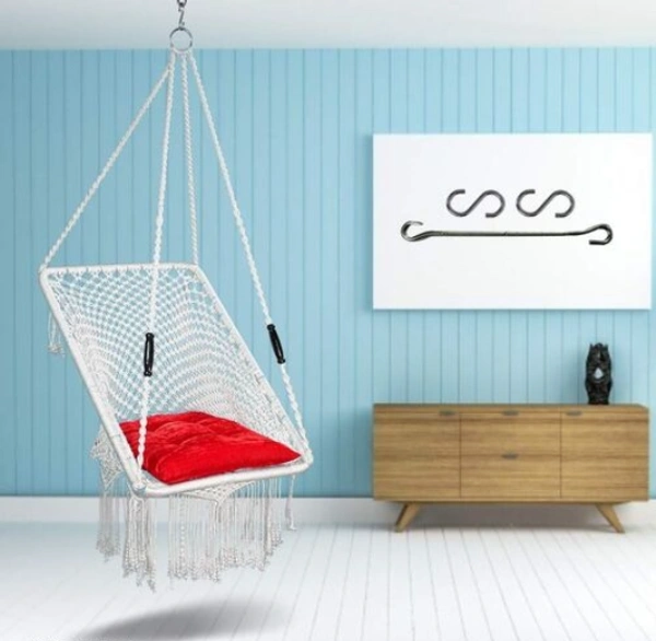  CURIO  CENTER Make in India Round Premium Swing with Polyester Ropes & Mild Steel Frame for Adults & Kids/Indoor Outdoor Hanging Swing Chair with Cushion & Accessories (66 x 96 x 144cm, White) -  Free Size,  White,  Polyester Rope With Iron Frame,   Pack of 1,  Rectangle